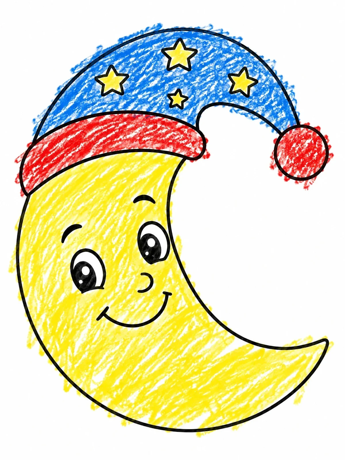 Colored example of the Cute Crescent Moon Wearing Nightcap coloring page