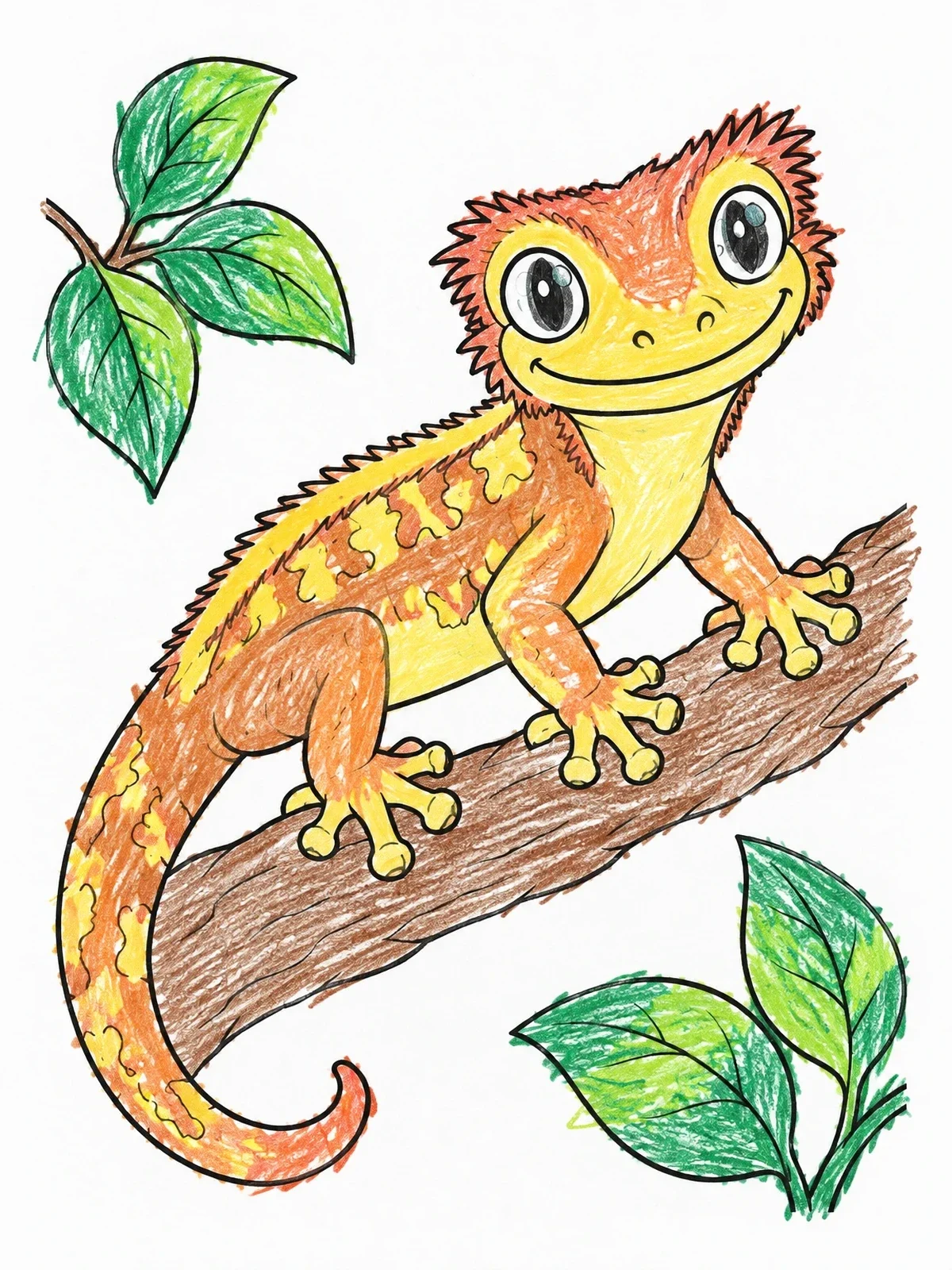 Colored example of the Cute Crested Gecko On A Branch coloring page