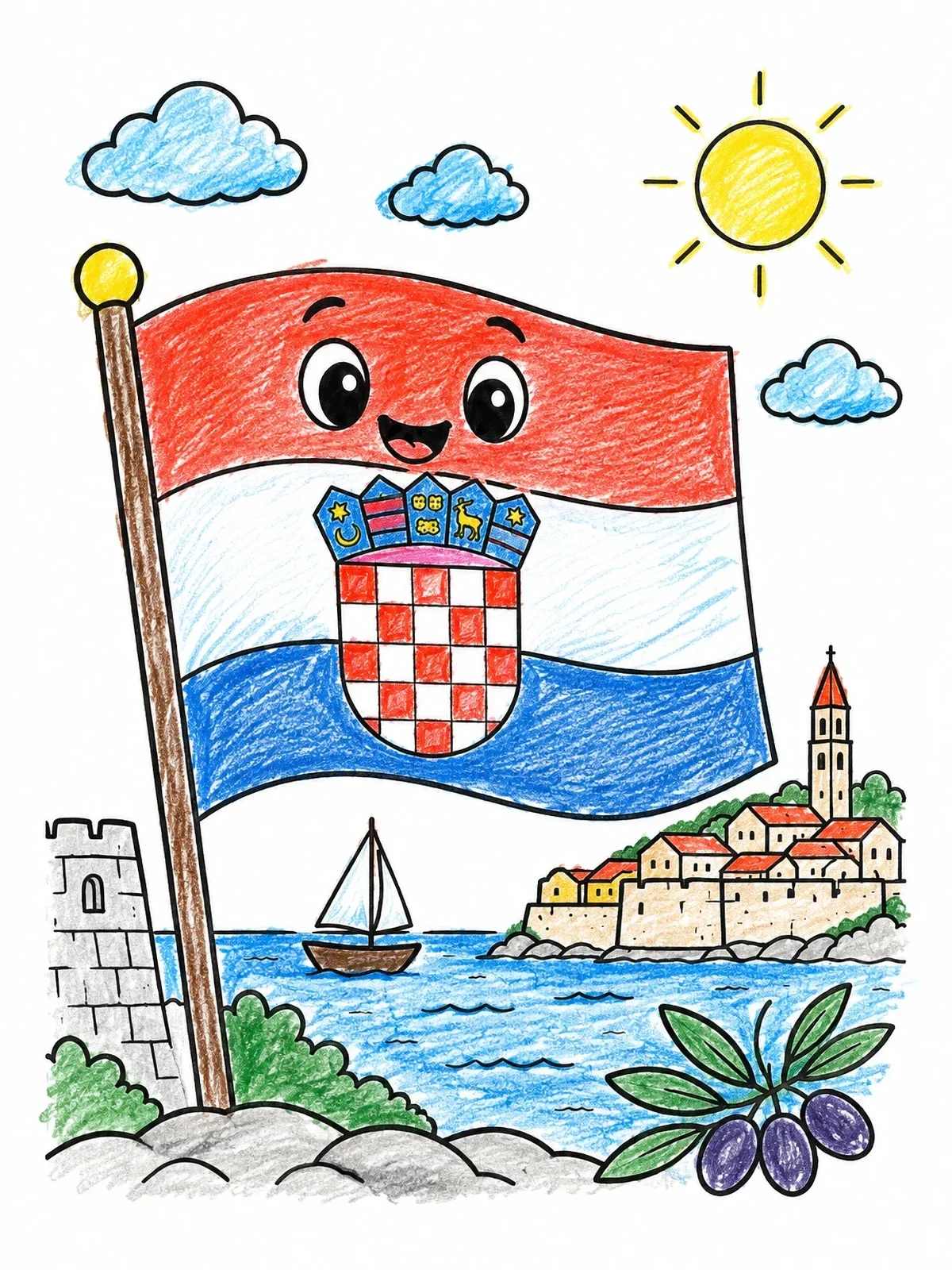 Colored example of the Cute Croatian Flag By The Coast coloring page