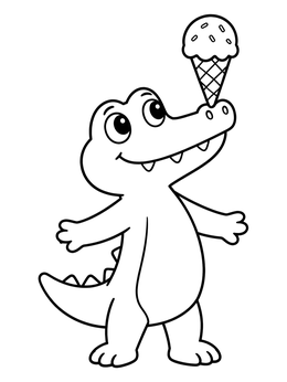 A cheerful crocodile coloring page showing a cartoon reptile balancing an ice cream cone.