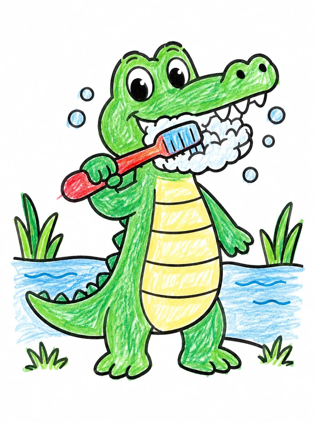 Colored example of the Cute Crocodile Brushing Its Teeth coloring page