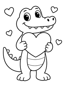 A sweet crocodile coloring page with a smiling alligator holding a big heart.