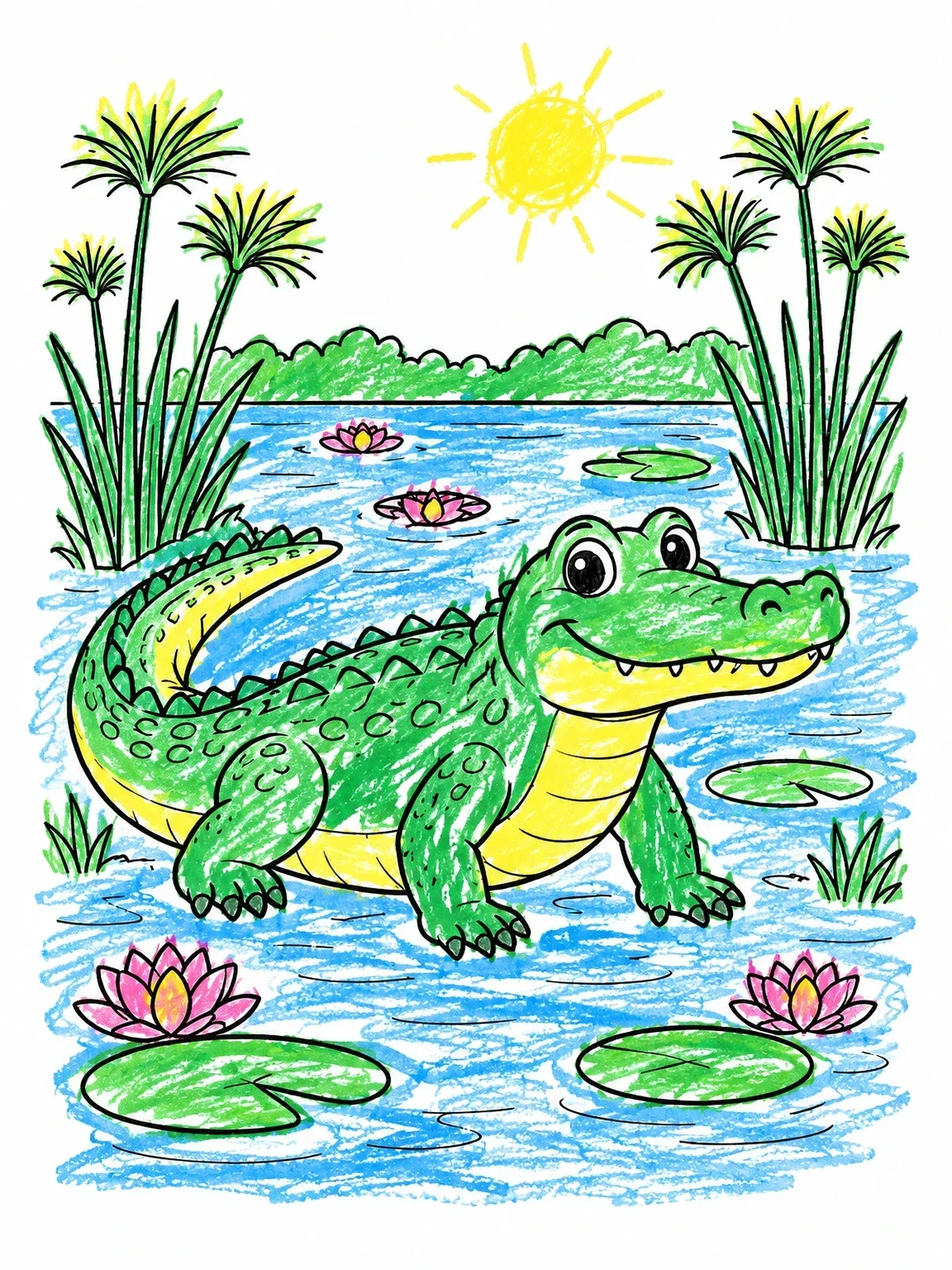 Colored example of the Cute Crocodile In Billabong coloring page