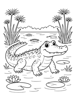 A cute crocodile coloring page featuring water lilies and tall papyrus reeds in a pond.