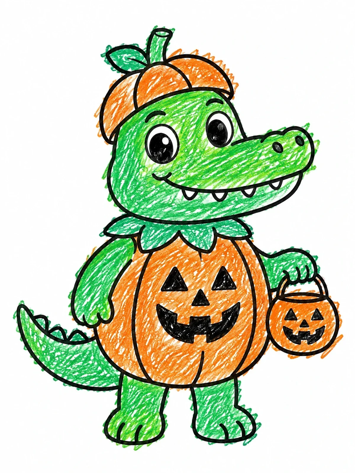 Colored example of the Cute Crocodile In Pumpkin Costume coloring page