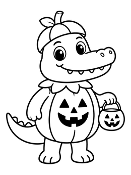 A friendly crocodile coloring page featuring a pumpkin costume and candy bucket.