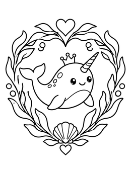 A sweet narwhal coloring page with a crown framed by a heart-shaped seaweed wreath.