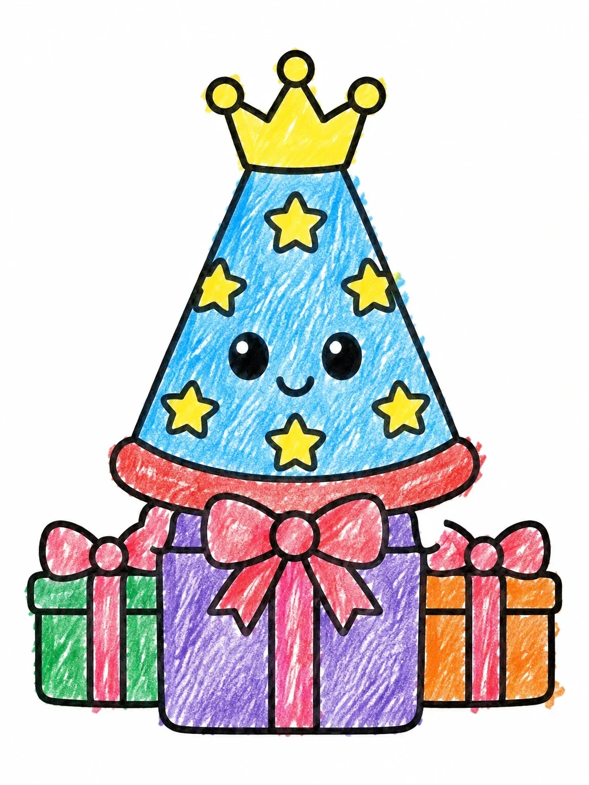 Colored example of the Cute Crowned Party Hat With Presents coloring page