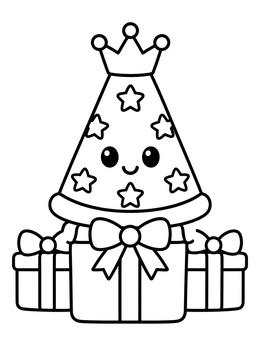 A smiling party hat coloring page topped with a crown and sitting on gift boxes.