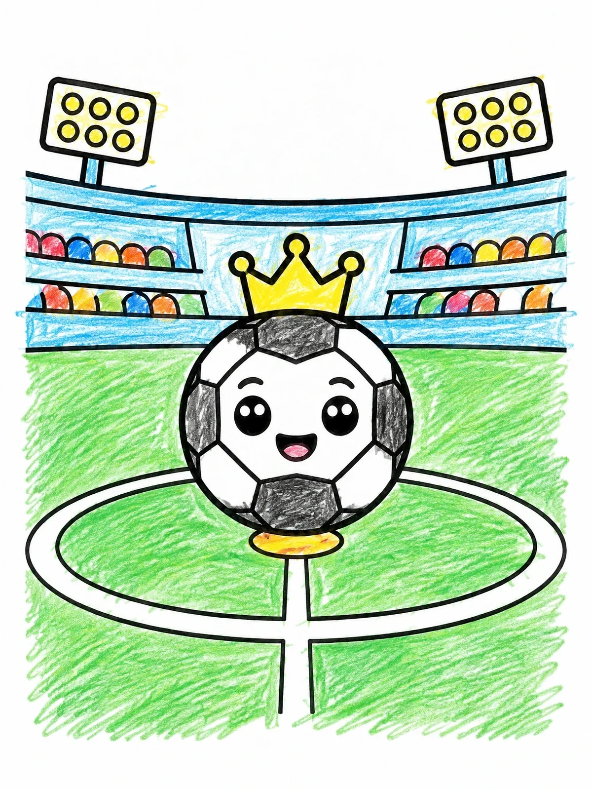 Colored example of the Cute Crowned Soccer Ball In Stadium coloring page