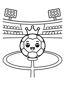A cute soccer ball coloring page showing a smiling ball with a crown in a stadium.
