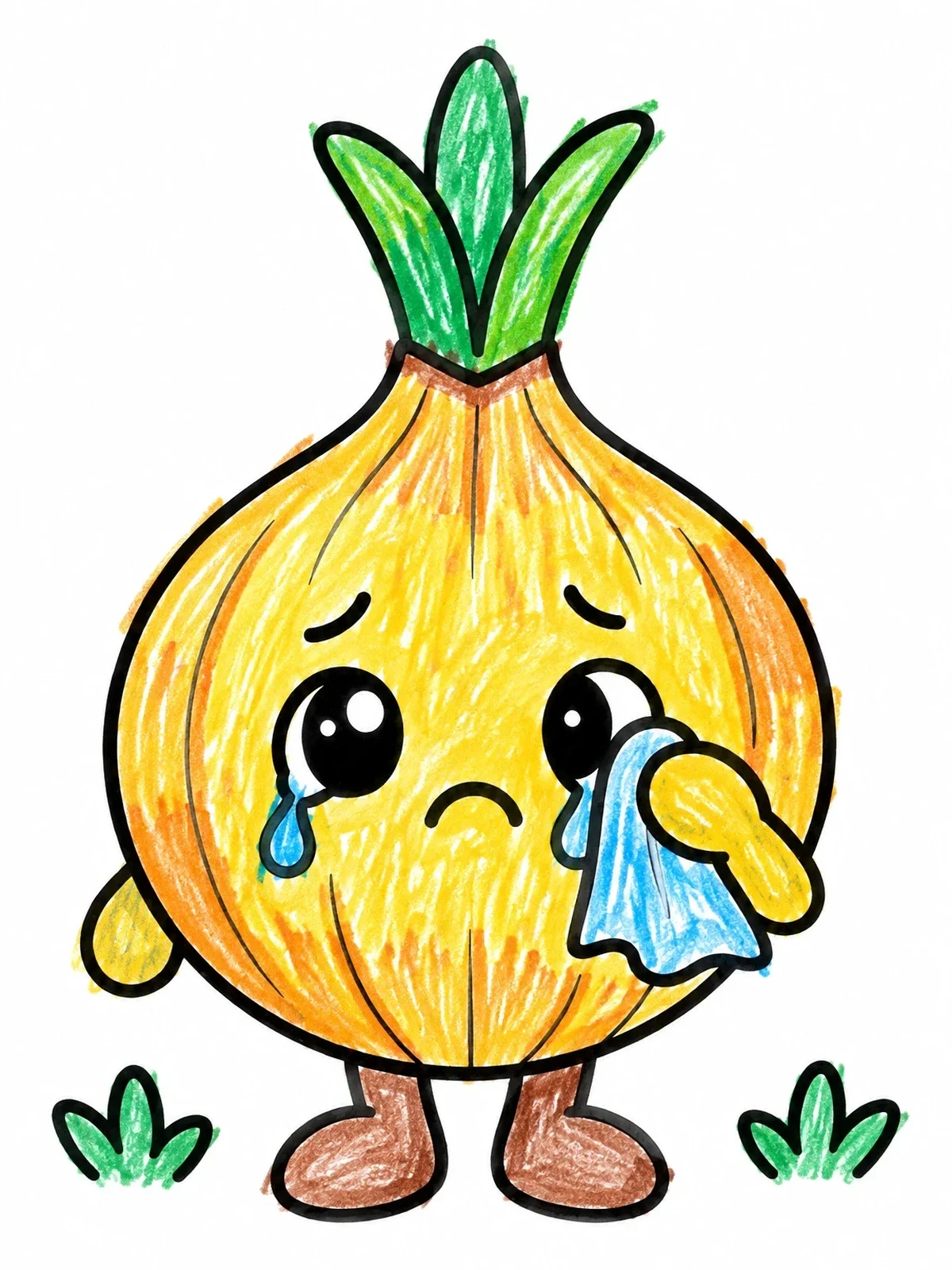 Colored example of the Cute Crying Onion With Handkerchief coloring page