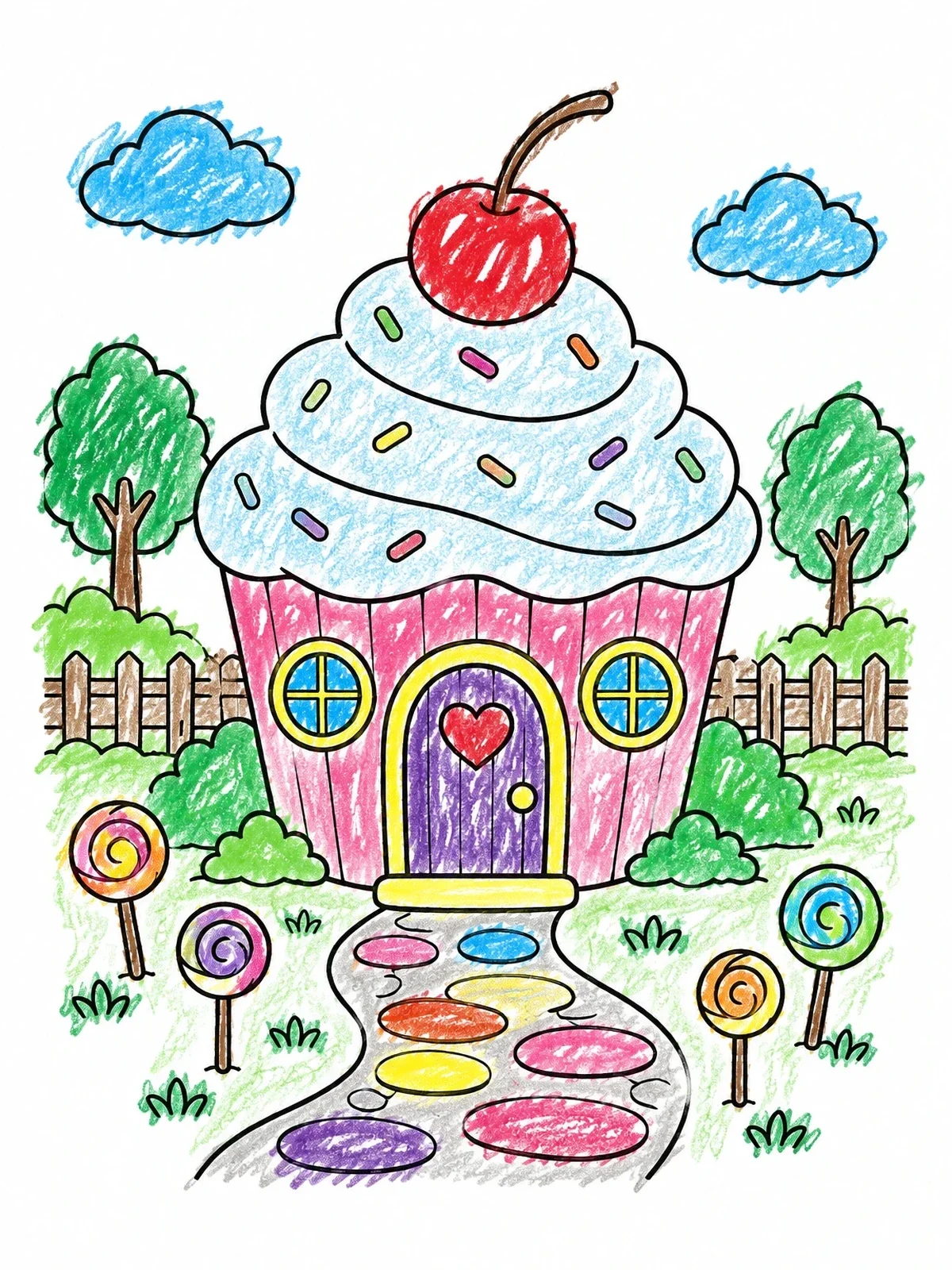 Colored example of the Cute Cupcake Candy House coloring page
