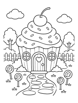 Free printable Cute Cupcake Candy House coloring page