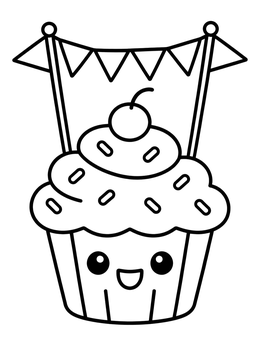 A smiling cupcake coloring page with sprinkles, a cherry, and festive bunting flags.