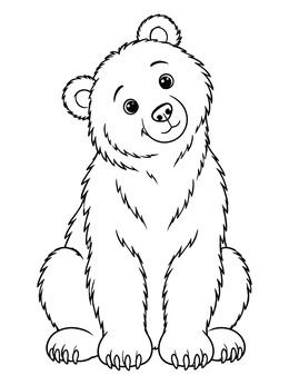 A cute bear coloring page showing a friendly grizzly cub sitting upright with a tilted head.