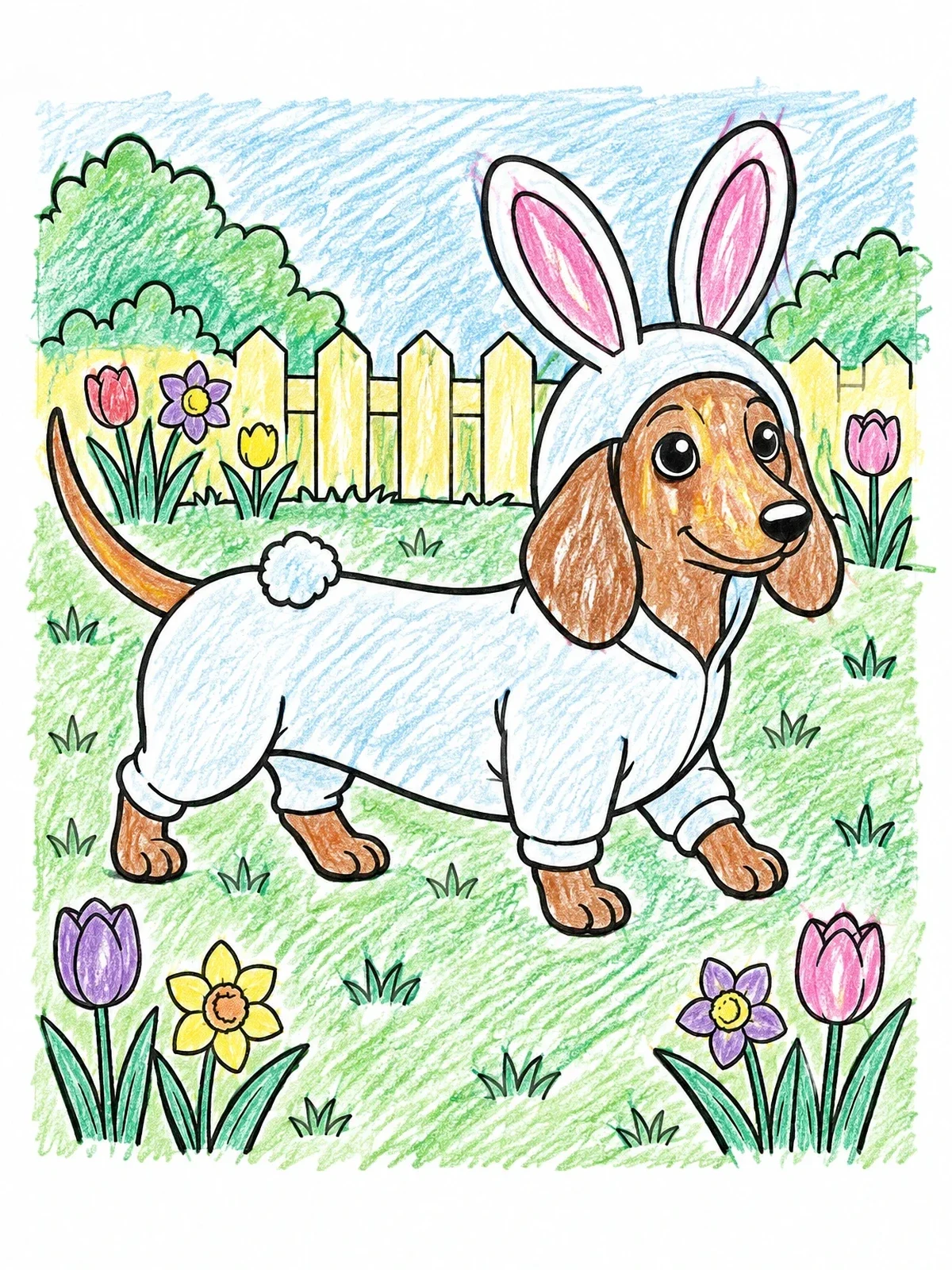 Colored example of the Cute Dachshund In Bunny Suit coloring page