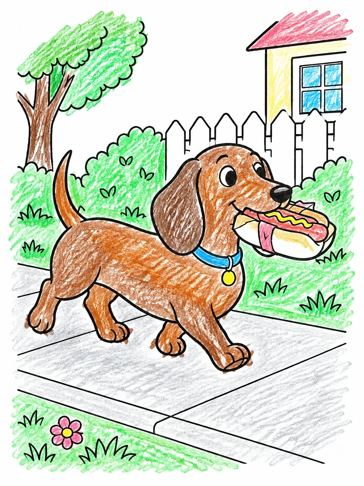 Colored example of the Cute Dachshund Carrying A Hot Dog coloring page