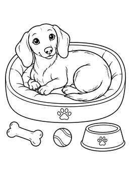 A sweet puppy resting in its basket in this dog coloring page with a bone, ball, and bowl.