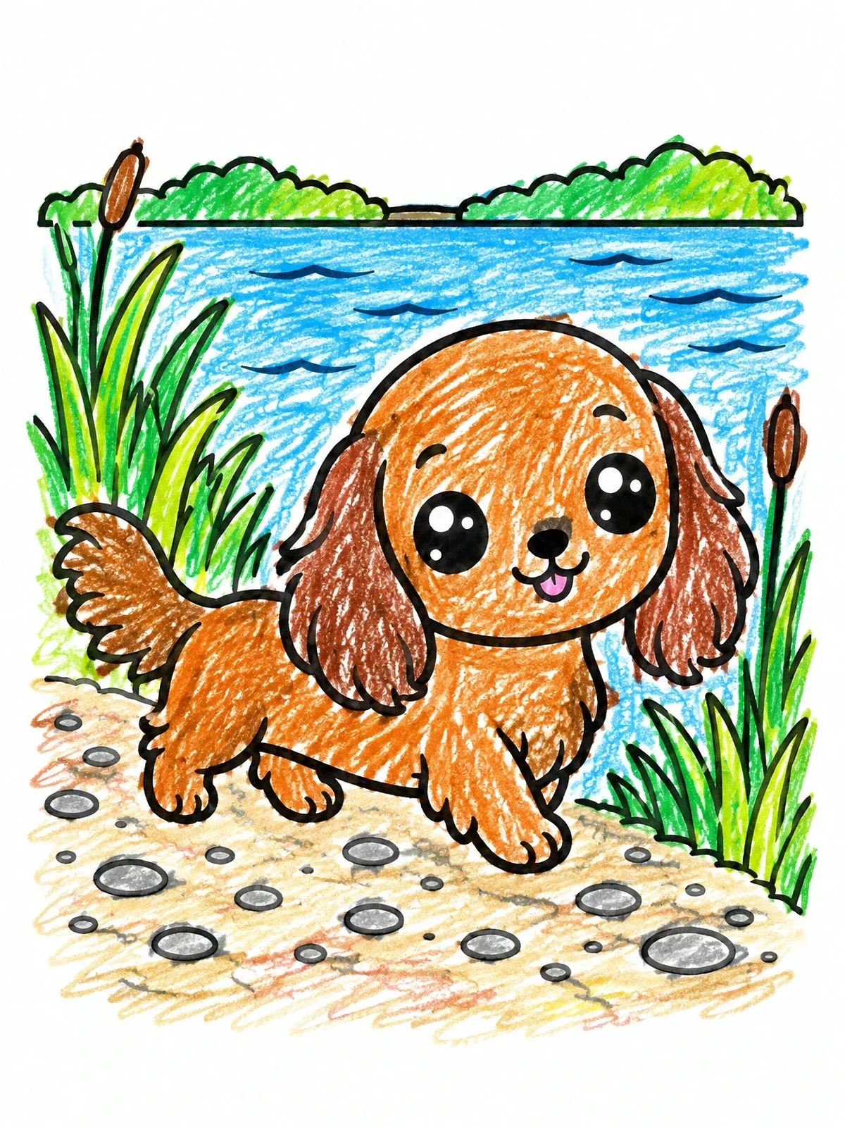 Colored example of the Cute Dachshund Puppy By Lake coloring page