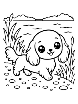 A cute dachshund coloring page showing a playful puppy walking by a lake.