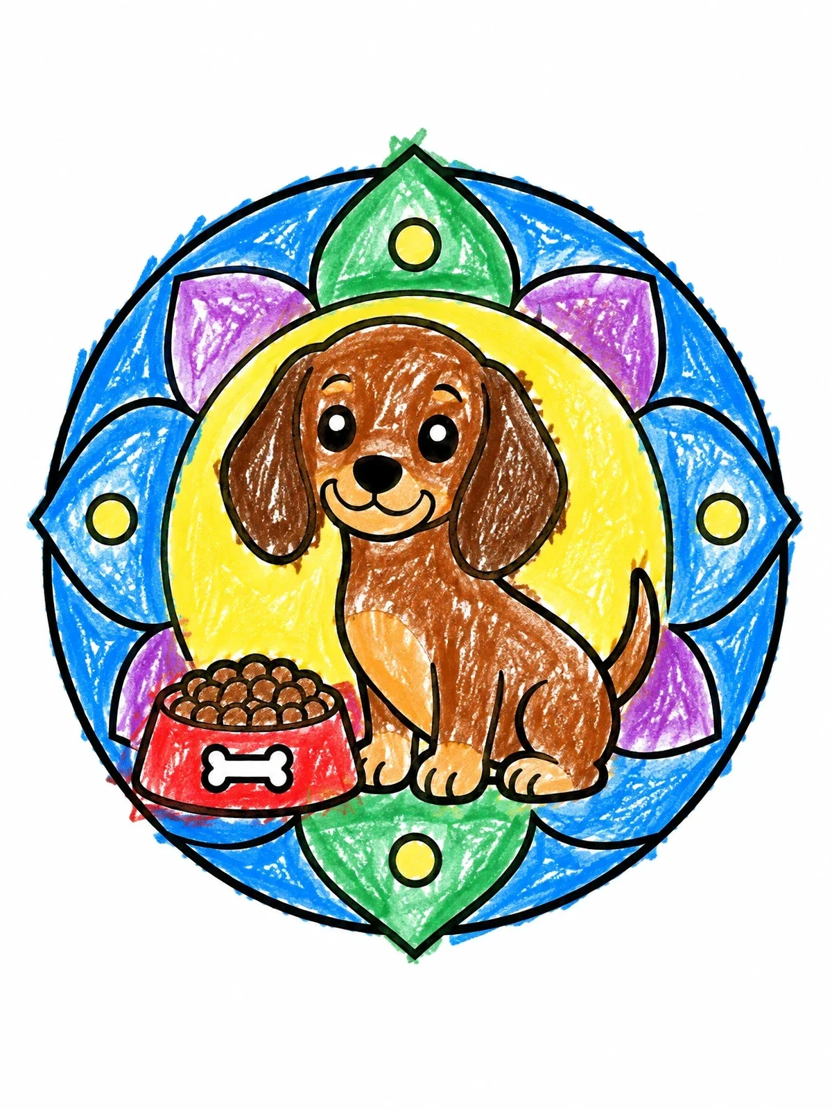 Colored example of the Cute Dachshund Puppy Beside Food Bowl coloring page