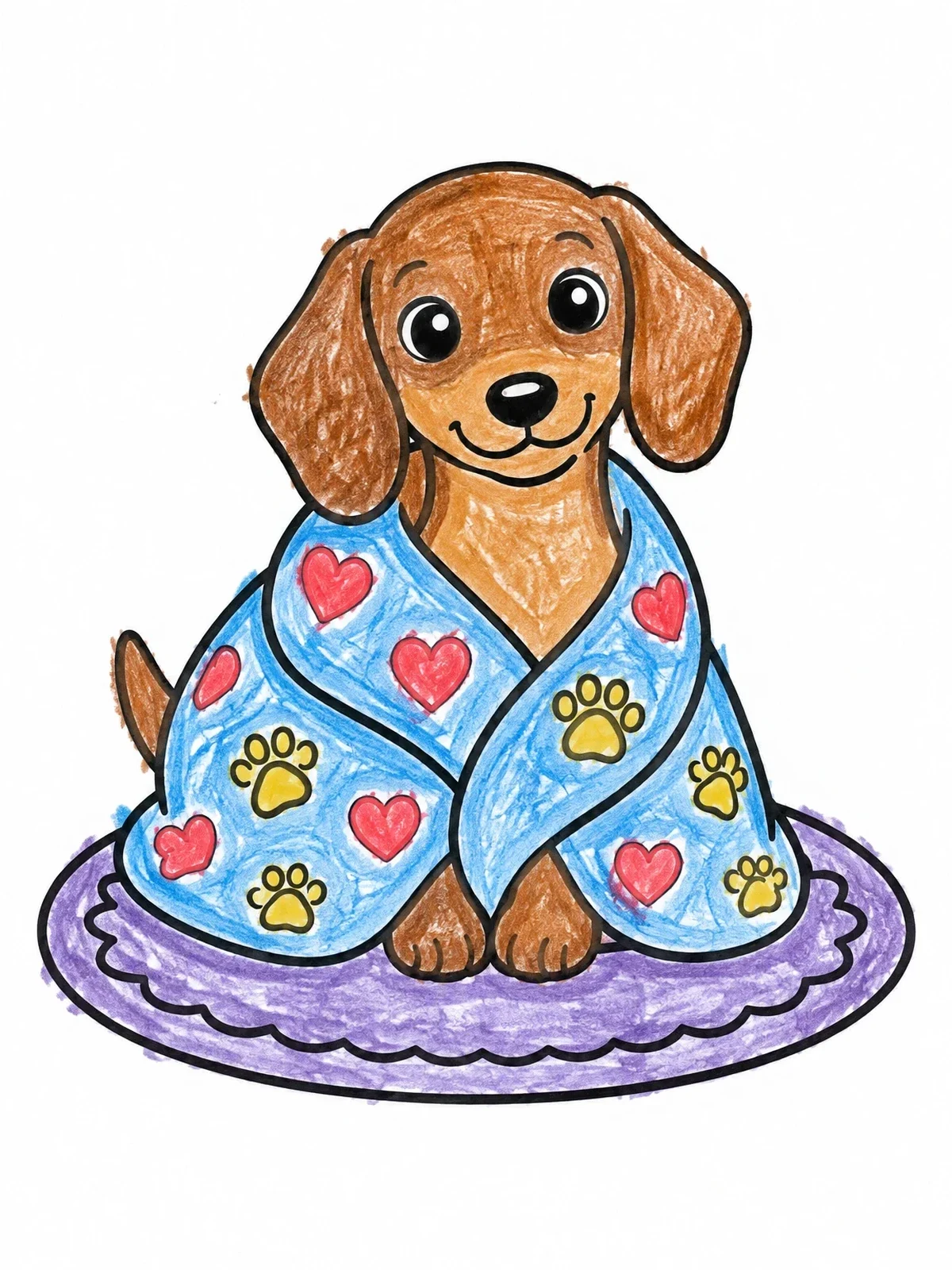 Colored example of the Cozy Dachshund Wrapped In Blanket coloring page