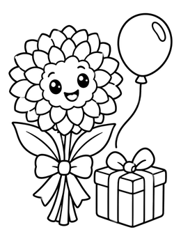 Free printable Cute Dahlia With Birthday Gifts coloring page