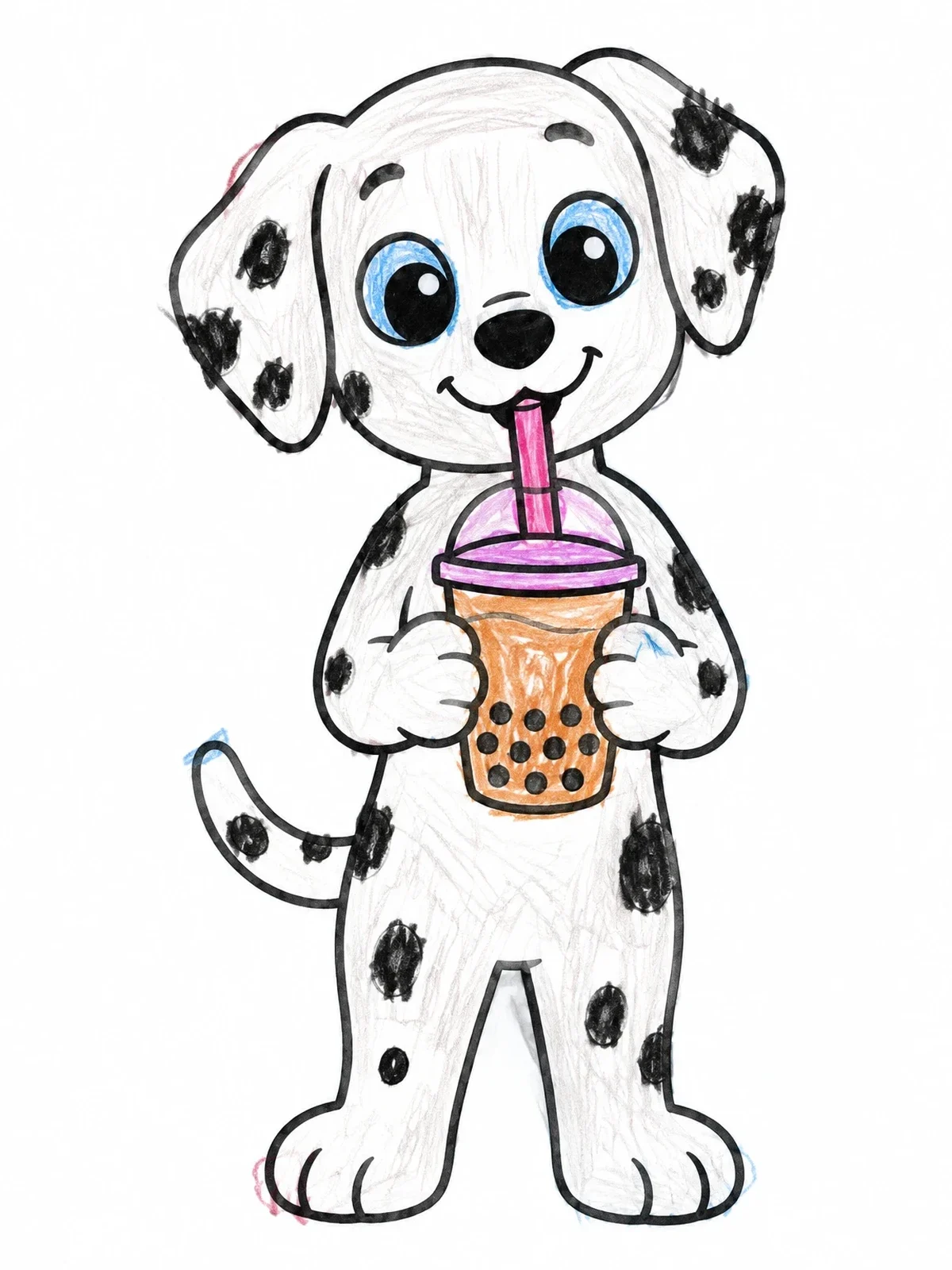 Colored example of the Cute Dalmatian Drinking Bubble Tea coloring page