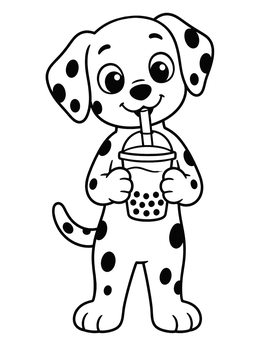 A cute cartoon dalmatian coloring page featuring a puppy sipping bubble tea with a straw.