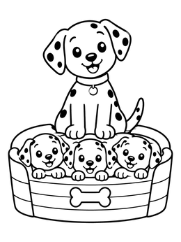 A sweet dalmatian coloring page showing four happy spotted puppies in a cozy dog bed.