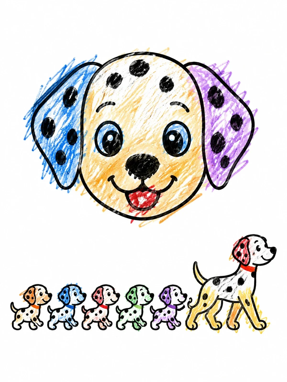 Colored example of the Dalmatian Face And Following Puppies coloring page