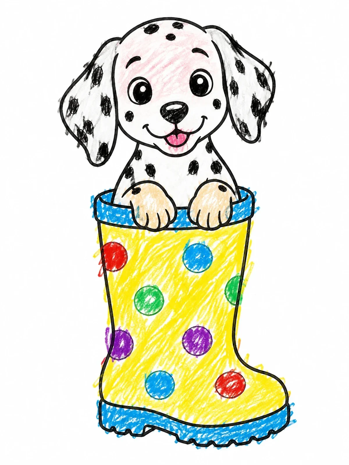 Colored example of the Cute Dalmatian Puppy In Rain Boot coloring page