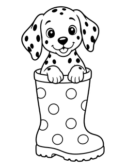 A cheerful puppy sits inside a boot in this dalmatian coloring page.