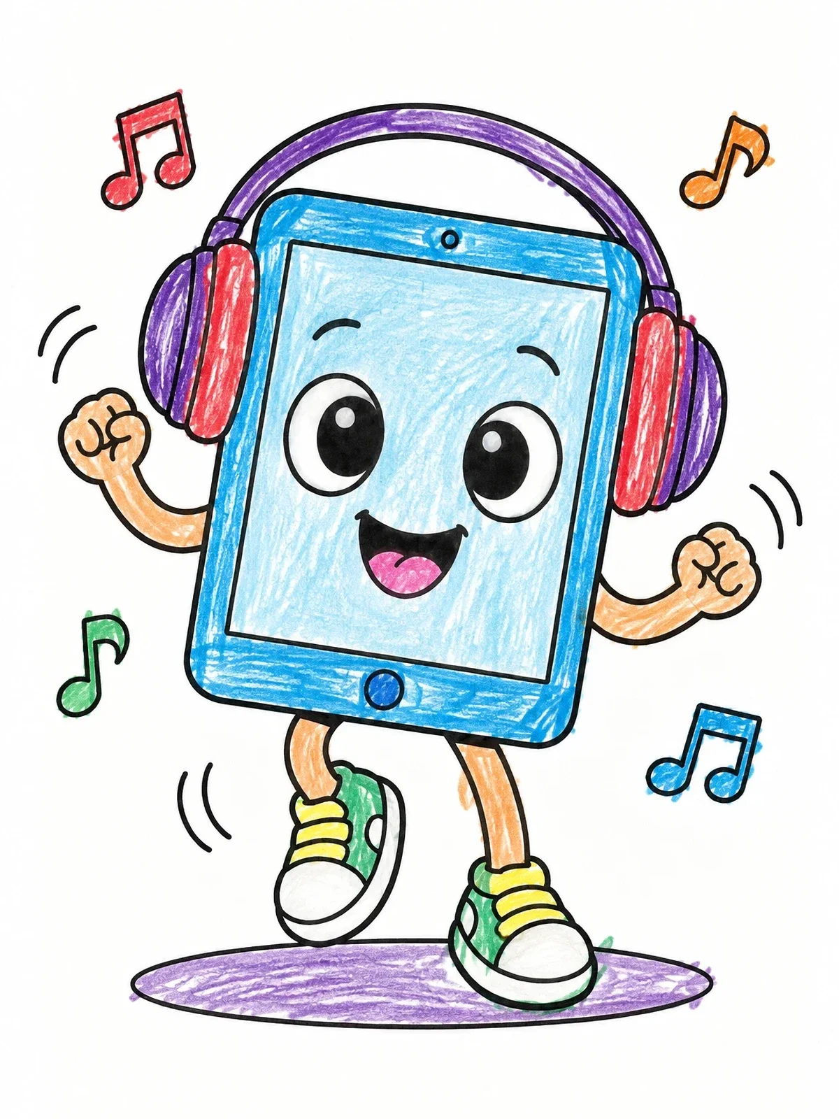Colored example of the Happy Dancing Tablet With Headphones coloring page