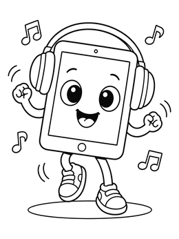 Free printable Happy Dancing Tablet With Headphones coloring page