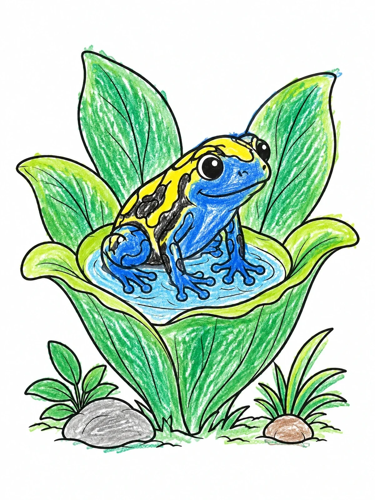 Colored example of the Cute Poison Dart Frog In Plant coloring page
