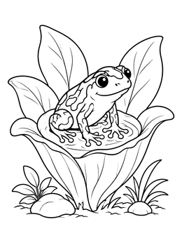 A cheerful frog coloring page featuring a small dart frog resting inside a leafy tropical plant.