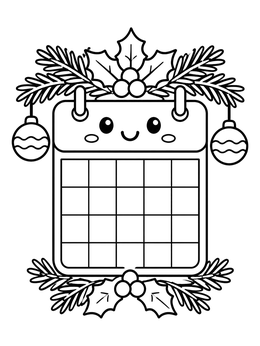 A smiling holiday calendar grid decorated with pine boughs and ornaments on this december coloring page.