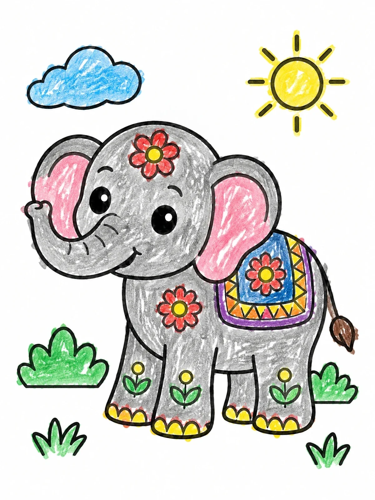 Colored example of the Cute Decorated Indian Elephant coloring page