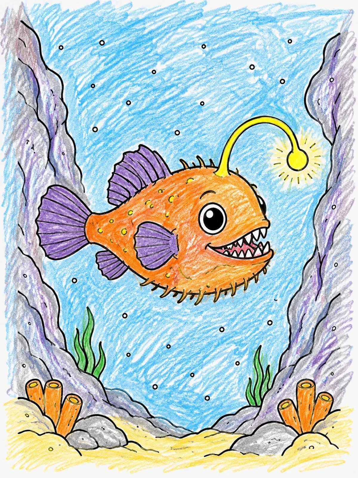 Colored example of the Cute Deep Sea Anglerfish coloring page