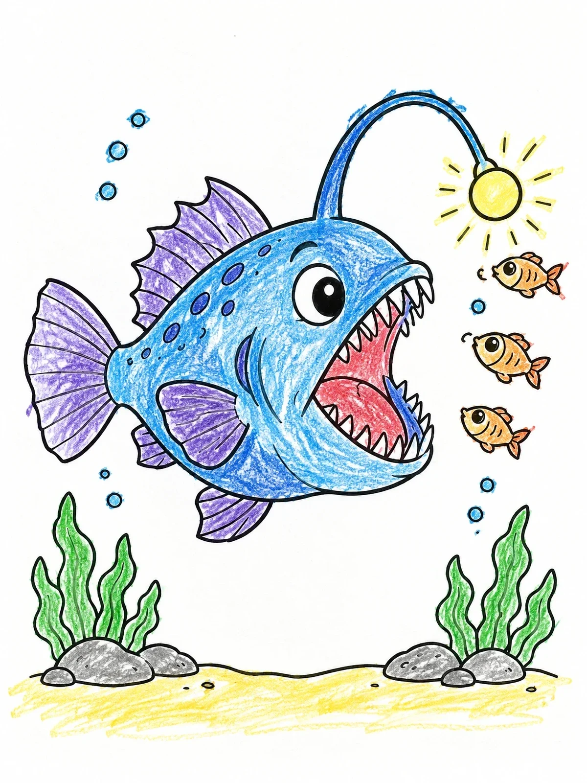 Colored example of the Cute Deep Sea Anglerfish coloring page