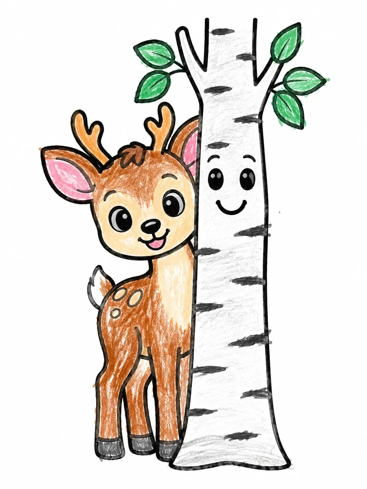 Colored example of the Cute Deer By A Friendly Birch Tree coloring page