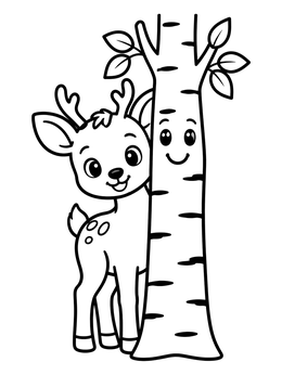 Free printable Cute Deer By A Friendly Birch Tree coloring page