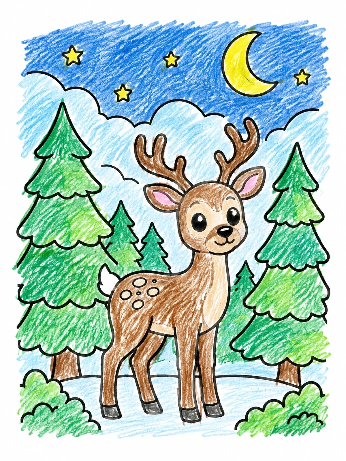 Colored example of the Cute Deer Under Night Sky coloring page