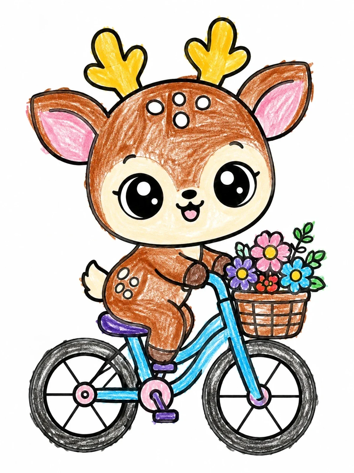 Colored example of the Cute Deer Riding A Bicycle coloring page