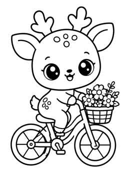 A deer coloring page showing a happy fawn riding a bicycle with flowers in its front basket.