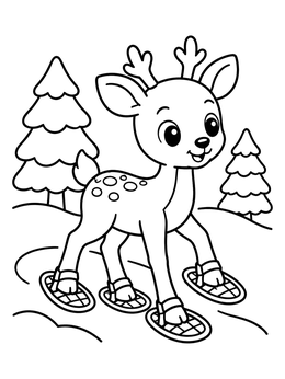 A deer wears snowshoes in this winter sports coloring page with pine trees.