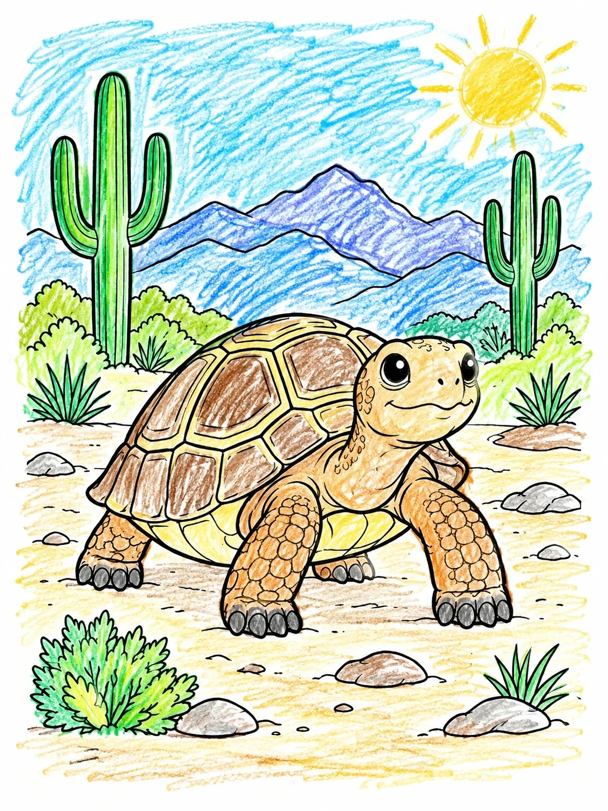 Colored example of the Cute Desert Tortoise In Mojave Landscape coloring page