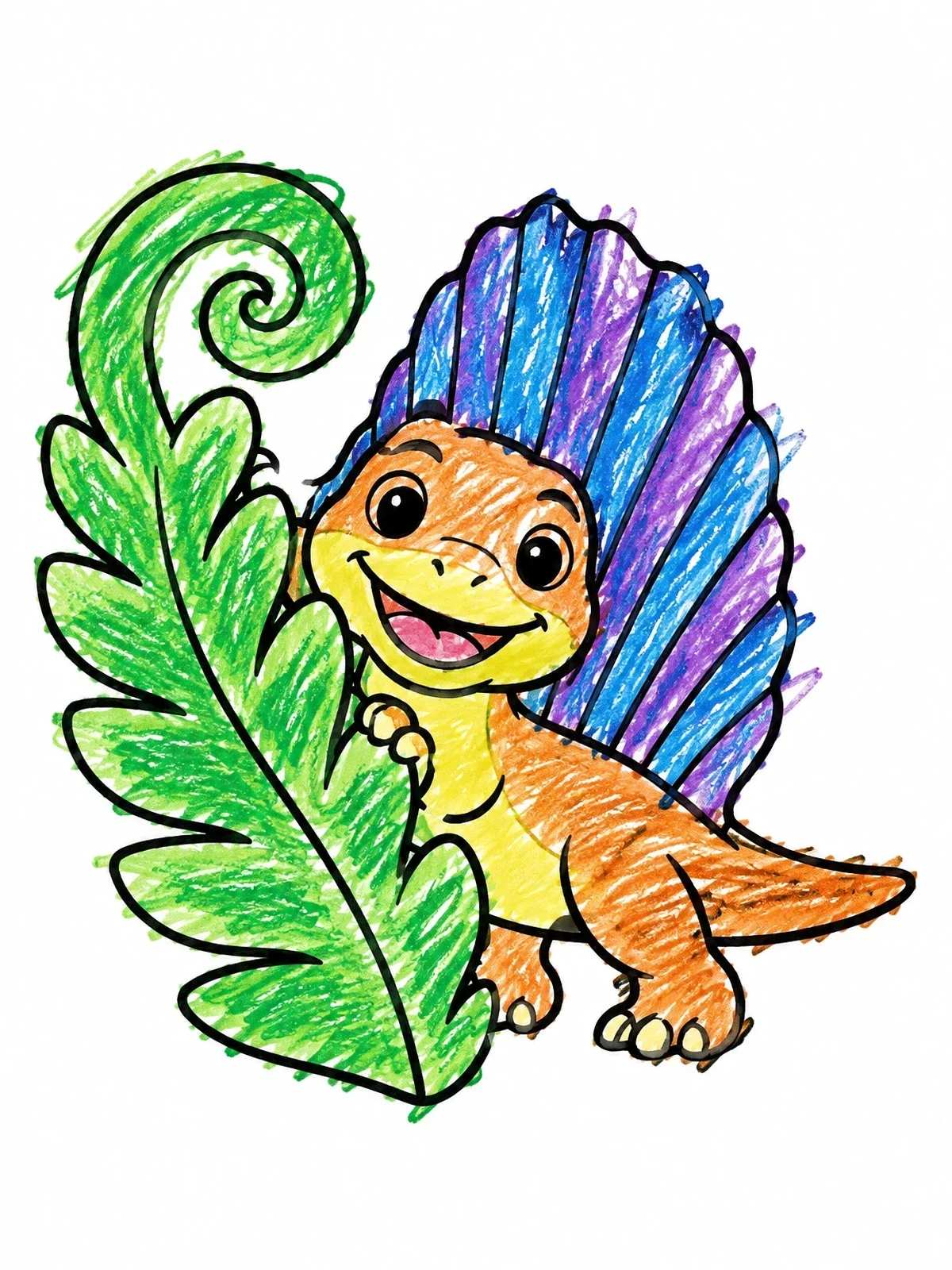 Colored example of the Cute Dimetrodon Behind Fern Leaf coloring page